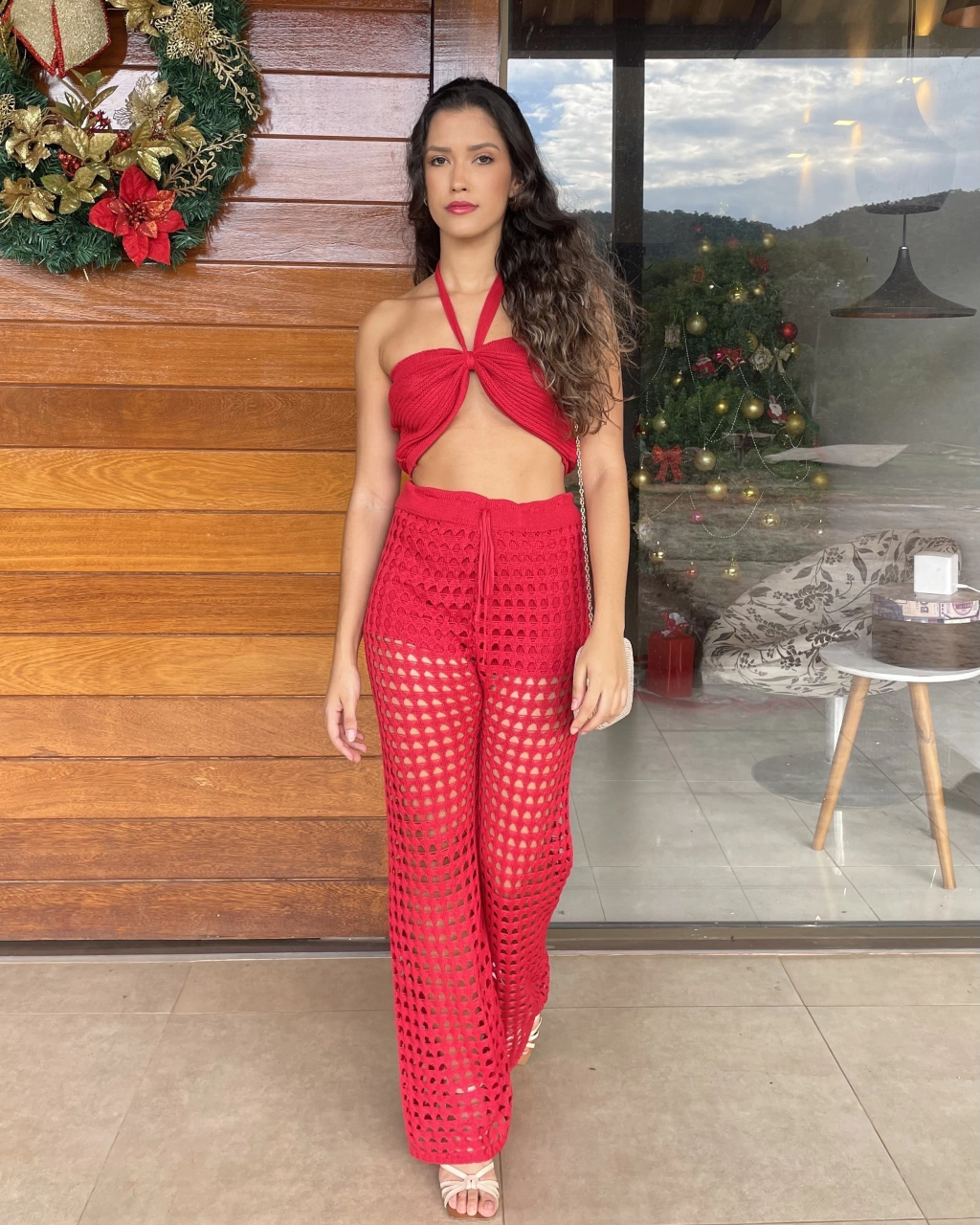 Trijunto de crochê - calça, hotpant e cropped vermelho
