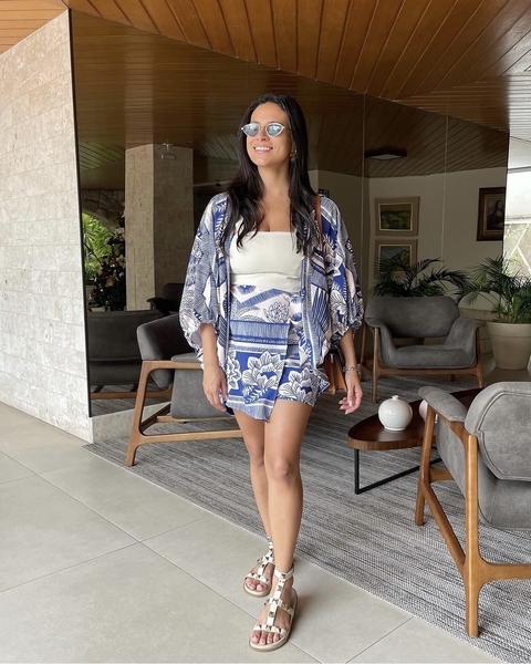 Conjunto kimono e short saia estampados - Bege e azul