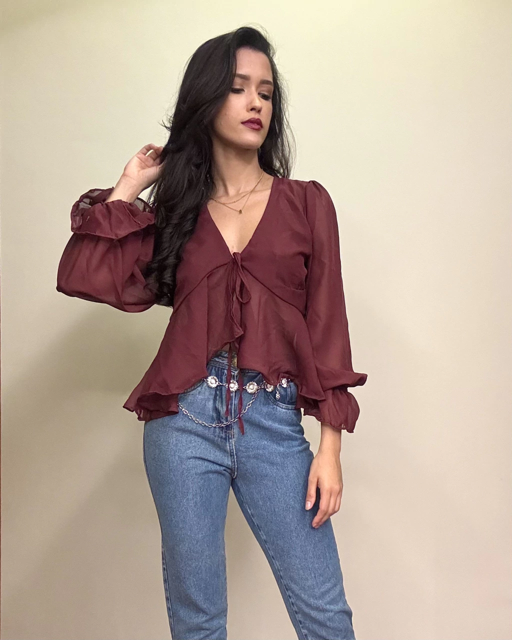 Bata boho chic com amarração frontal - Vinho