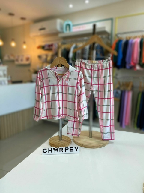 PIJAMA DE BOTÃO XADREZ ROSA