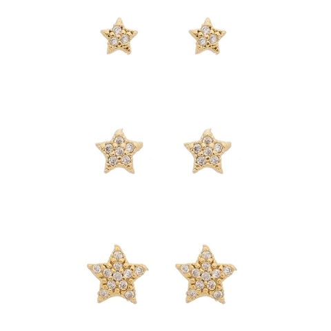 NAMORADA CLÁSSICA- TRIO BRINCOS DE ESTRELA CRAVEJADOS