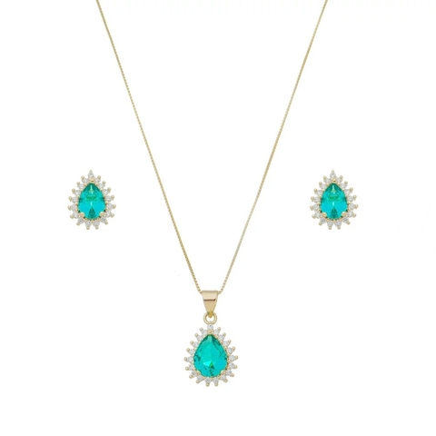 CONJUNTO DE GOTA COM PEDRA TURMALINA BANHADO A OURO ELOAH