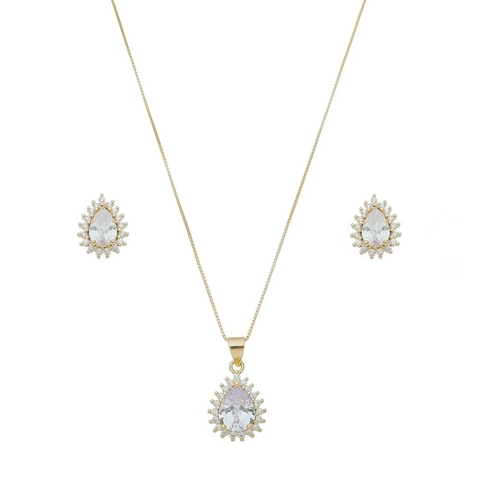 CONJUNTO DE GOTA COM PEDRA CRISTAL BANHADO NO OURO MILLY
