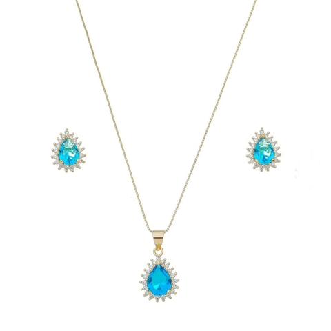 CONJUNTO DE GOTA COM PEDRA AZUL TOPÁZIO ESTER