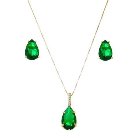 CONJUNTO DE GOTA ESMERALDA BANHADO A OURO ELISA
