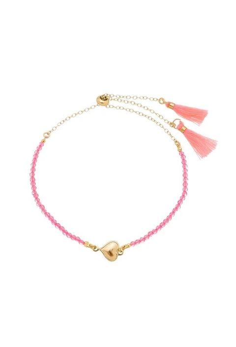 PULSEIRA AJUSTÁVEL CORAÇÃO COM CRISTAIS E TASSEL ROSA