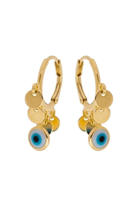 BRINCO DE ARGOLINHA COM MEDALHAS E OLHO GREGO