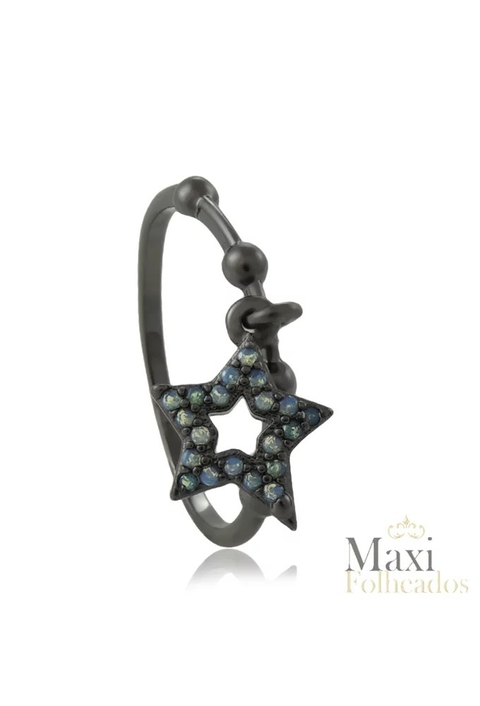 ANEL COM PINGENTE ESTRELA COM ZIRCÔNIA TURQUESA NO GRAFITE