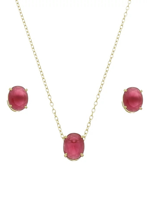 CONJUNTO PEDRA OVAL DE COR RUBI LEITOSO