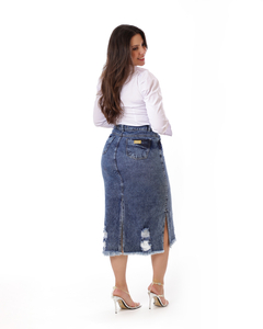 Saia jeans midi com fenda e destroyed VCH 250123 na internet