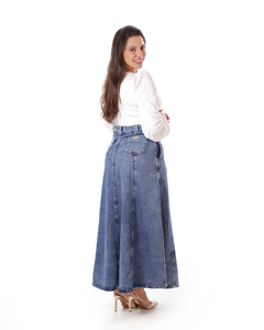 Saia jeans longa com fenda e botões frontais VCH 250124 na internet