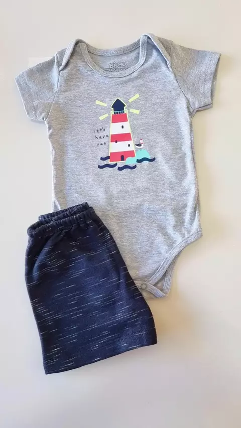 Conjunto Body em Cotton Estampa Farol e Bermuda em Moletinho