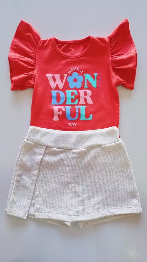 Conjunto Blusa Cotton Com Glitter e Short Saia em Moletinho Linho