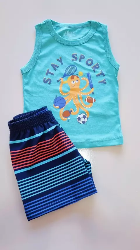 Conjunto Regata Estampa Polvo e Bermuda Tactel listrada