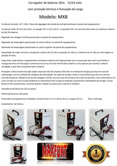 Imagem do Carregador de baterias portátil 20A. 12/24 volts com seletor e mostrador de amperagem com proteção térmica Modelo MX8