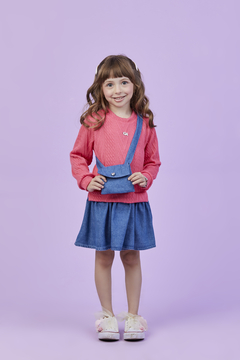 Vestido Gabriela Aquarela malha tricot rosa e saia jeans com bolsa - comprar online