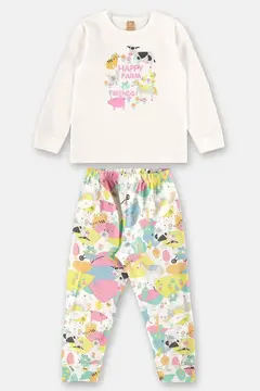 Pijama Up Baby blusa e calça em suedine off white happy farm