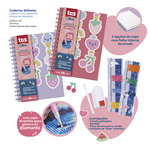 Caderno Pautado Shimmy Holic Charm – A5 – 70 Folhas – Capa Com Pintura de Diamante – Conjunto C/ 5 peças – Tris
