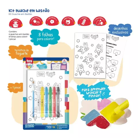 Kit Guache em Bastão Toy – 6 Cores + 8 Folhas Para Colorir + 1 Pincel – Tris