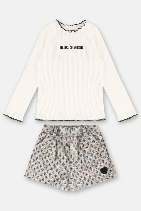 Conjunto Up Baby blusa ribana e malha tweed natural