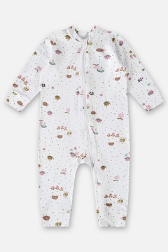 Macacão algodão sem pe e com ziper off white flores Up Baby