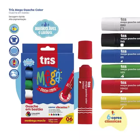 Guache em Bastão Mega Guache Color - 6 Cores Regulares - Tris