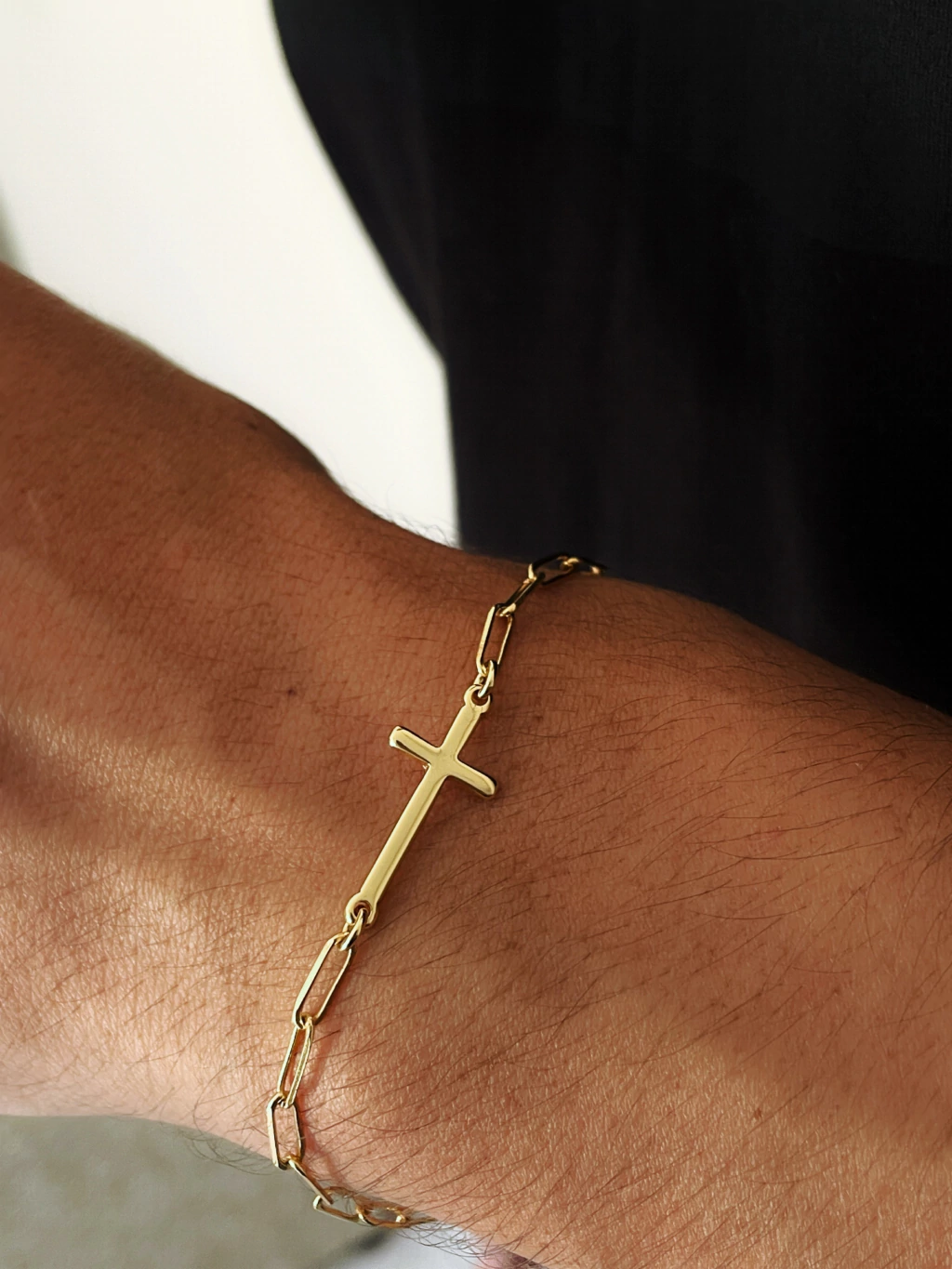 Pulseira Masculina Elos Retangulares e Cruz Lisa