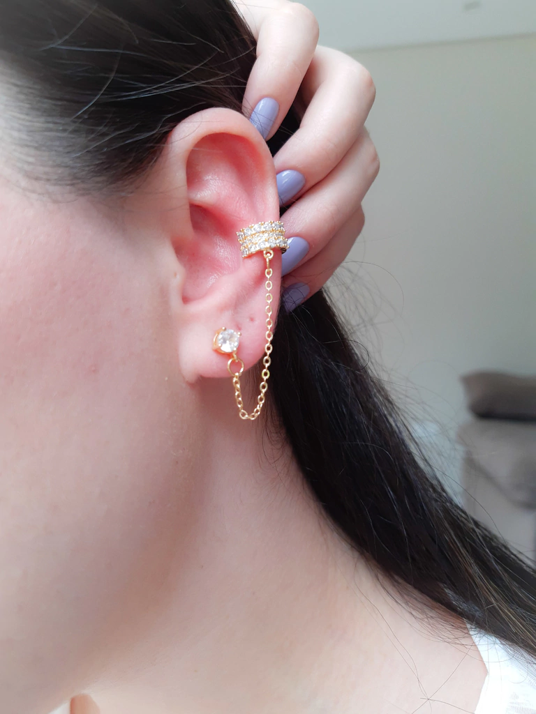 Brinco Ear Line com Piercing Cravejado