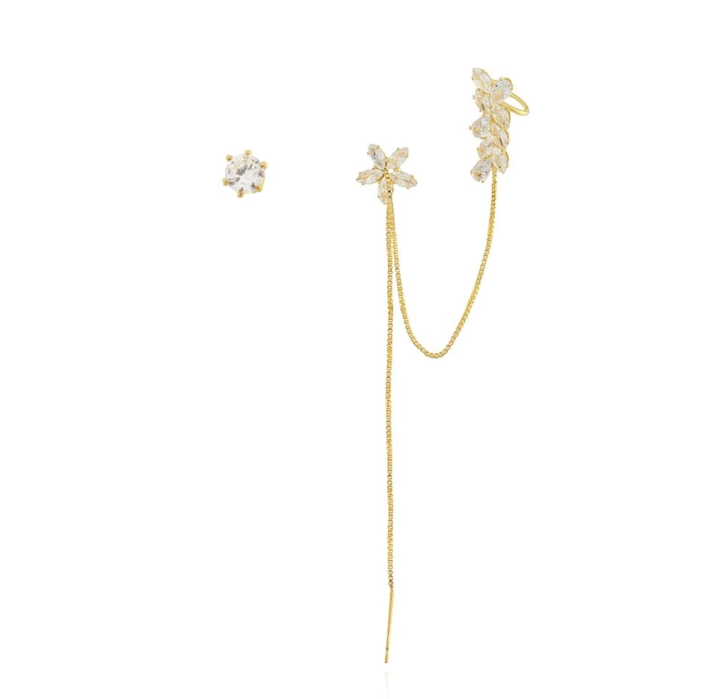 Brinco Ear Line Assimétrico Flor Zircônias