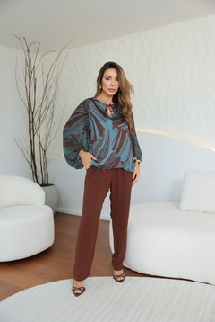Blusa Glossy Manga Chiffon Amarração Gola na internet