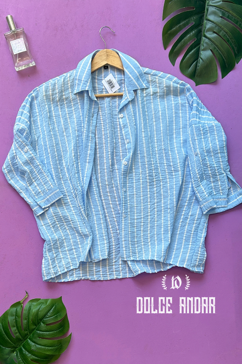 Camisa Lino Rayas Celeste
