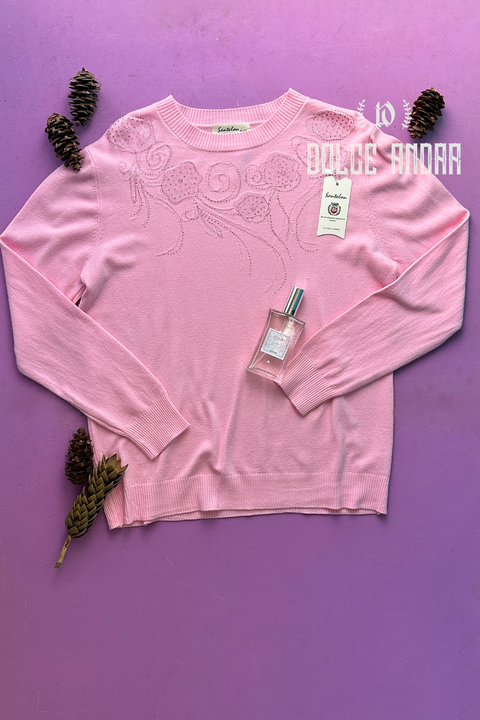 SWEATER VISCOSA STRAS FLOR- ROSA - comprar online