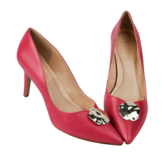 Sapato Couro Vermelho Placa Dourada Salto 8cm Bico Fino Lj Luciana Janich