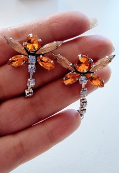 Aros Libélula de strass en tonos naranja