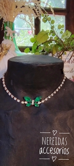 Choker dé Strass con mariposa de gemas verde pino brillante