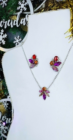 Set de collar y aros de gemas fucsia y naranja - comprar online