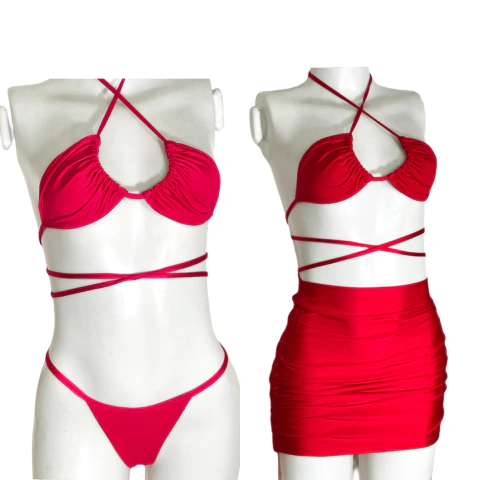 Biquíni trilobal vermelho com saia