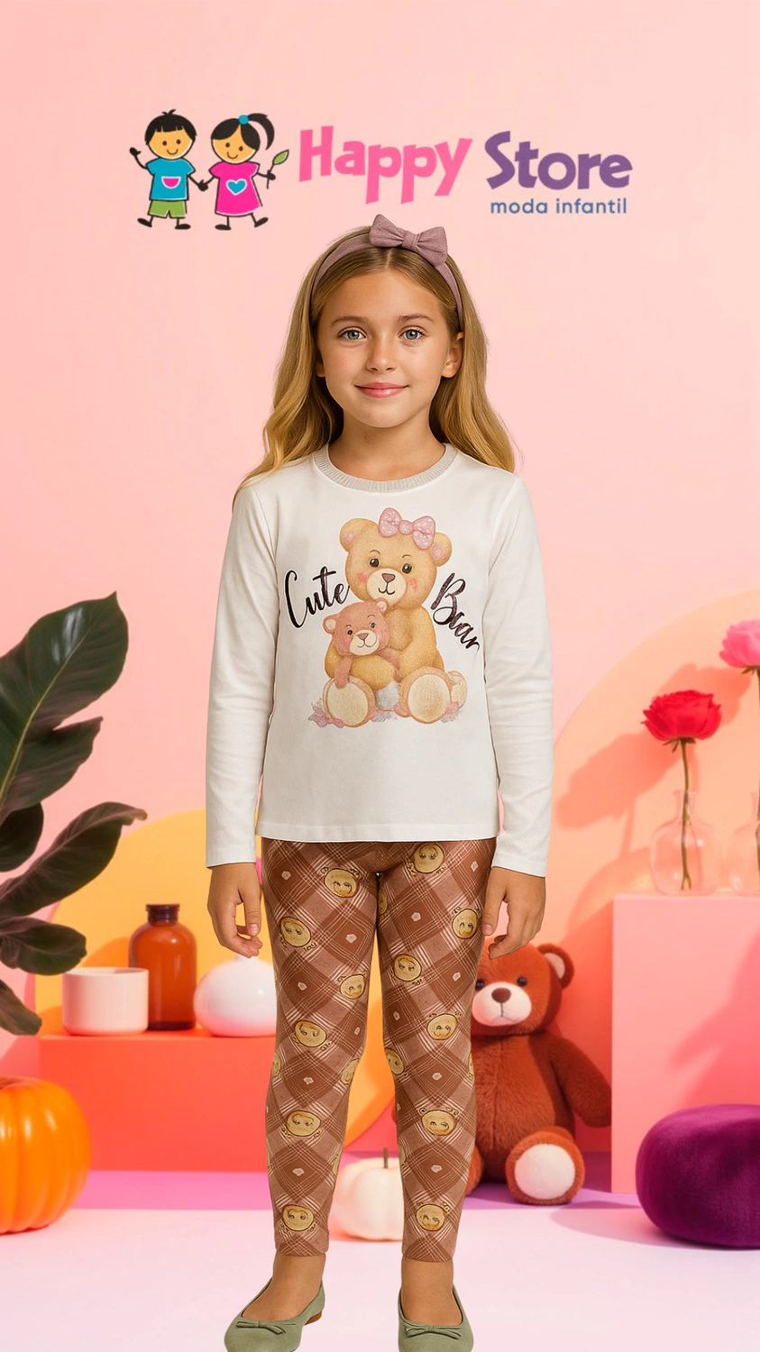 CONJ. KUKIÊ BL. COTTON CUTE BEAR STRASS / CÇ LEGGING (14168)