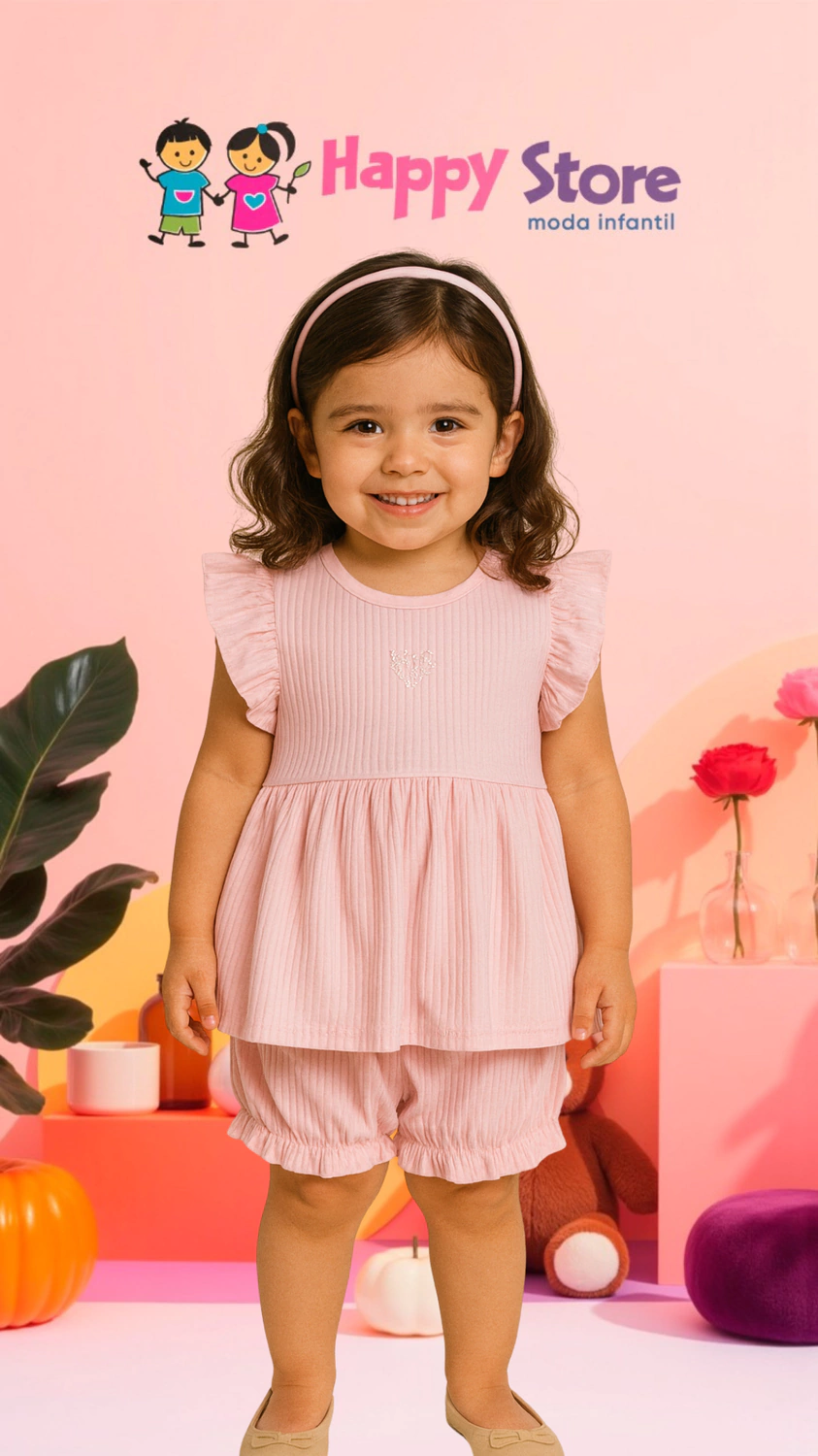 CONJ INFANTI BATA CANELADA CORAÇÃO STRASS / SHORT CANELADO (14390)