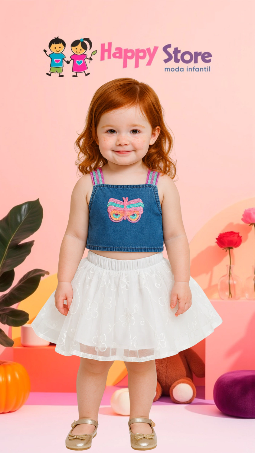 CONJ. KUKIE BL. JEANS BORBOLETA / SH SAIA TULE (13900)