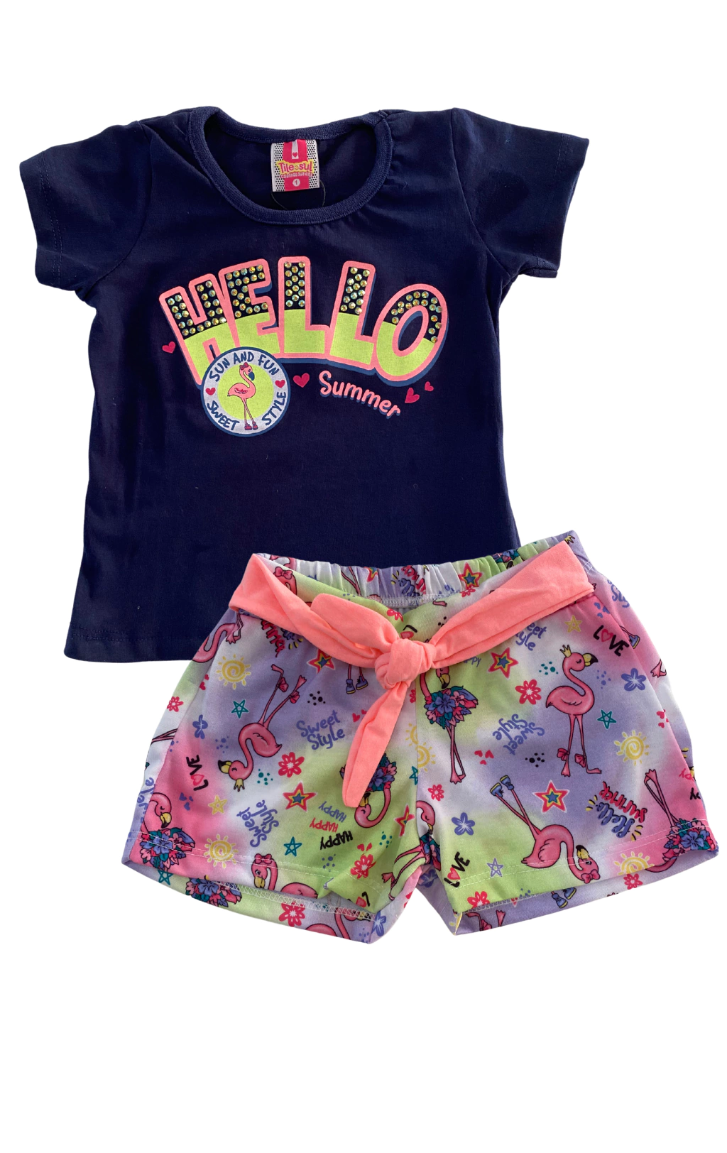 CONJ. TILEESUL BLUSA HELLO SUMMER/ SHORT MALHA COLOR (13474)