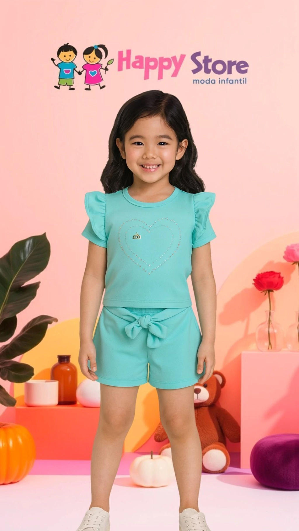 CONJ. MILLI&NINA CORAÇÃO STRASS / SH TECIDO VAZADO (14428)