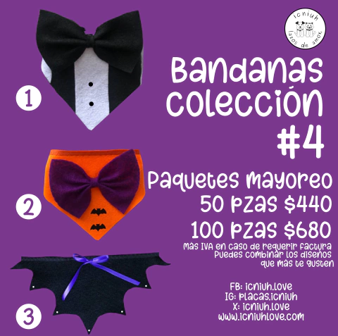 Bandanas de la colección #4 de icniuh, con diseños de esmoquin, calabaza y murciélago, disponibles en paquetes mayoreo.