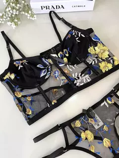 Corset de Tule Bordado Preto com Dourado e Azul - comprar online