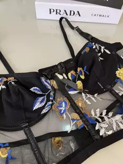 Corset de Tule Bordado Preto com Dourado e Azul