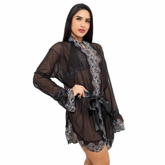 Robe Flare Manga Longa em Tule com Detalhes em Renda preto c/branco - Liberty 