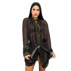 Robe Flare Manga Longa em Tule com Detalhes em Renda preto c/verde