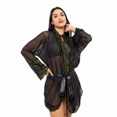 Robe Flare Manga Longa em Tule com Detalhes em Renda preto c/verde na internet