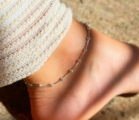 Tornozeleira corrente veneziana bolinhas prata 925
