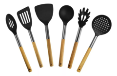 Set 6 Utensilios Hudson Nylon Mango Madera Espatula Cucharon Color Negro - comprar online